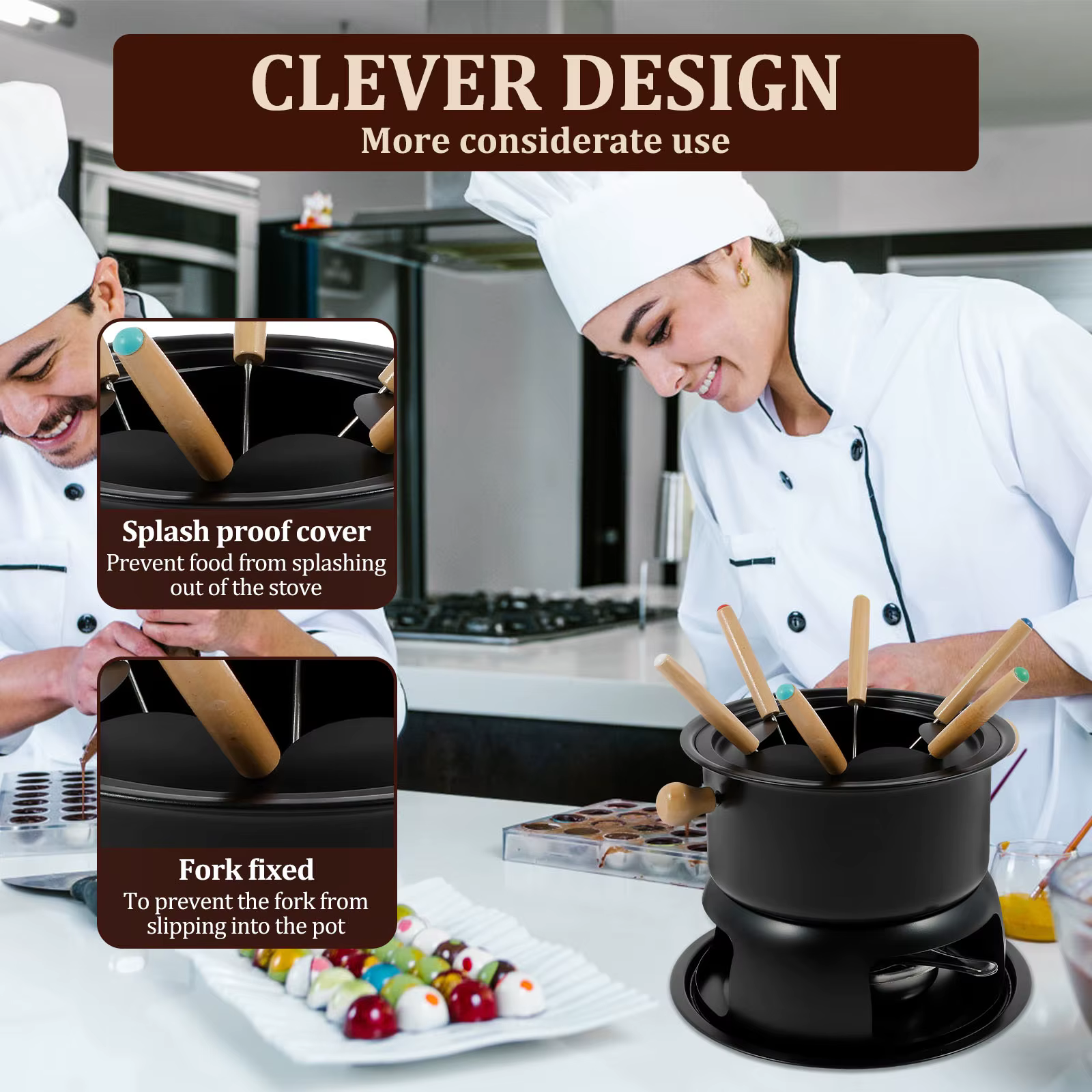 Kit de fondue polyvalent pour fondue au fromage et chocolats, ensemble de casseroles à fondue en acier inoxydable, appareil à fondue chauffant uniforme avec 6 fourchettes