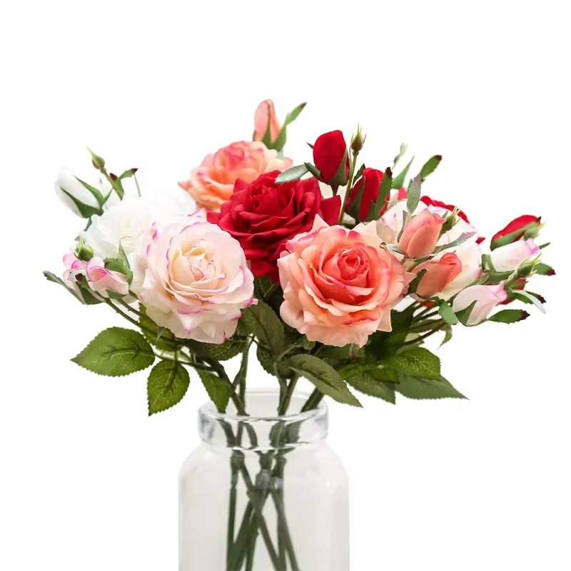 Aloès vert 3 pièces toucher réel 1 fleur 2 bourgeons branche de Rose fleurs artificielles Simulation Roses rouges fausse plante décoration de chambre