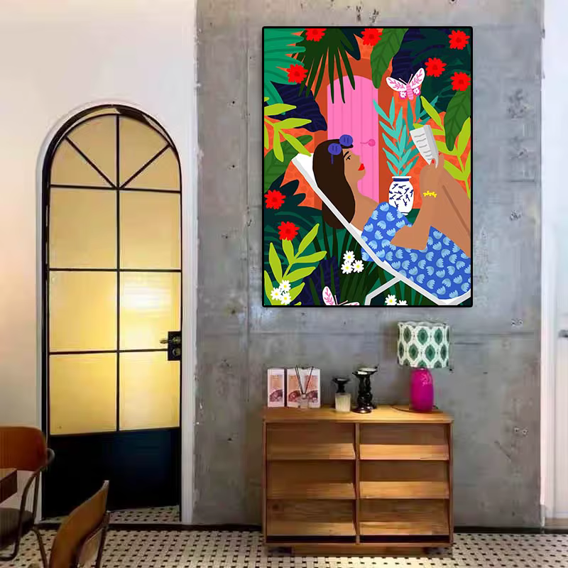 Toile d'art mural de fleurs de fille colorées tropicales