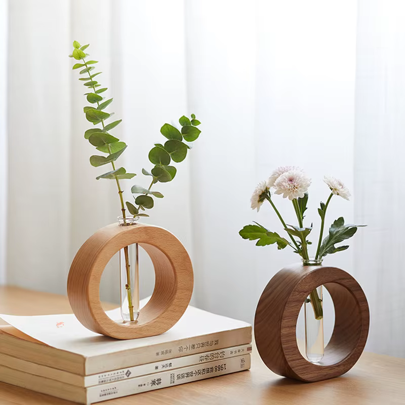 Vase en bois de noyer rond pour tubes à essai – Pot hydroponique minimaliste