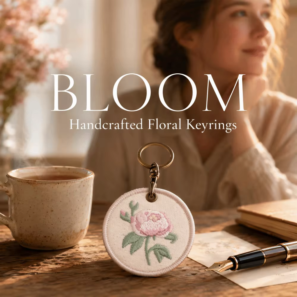 Porte-clés brodé de fleurs, créatif et tendance, rose blanche, rond, double face, avec pendentif clochettes de mai, pour couple