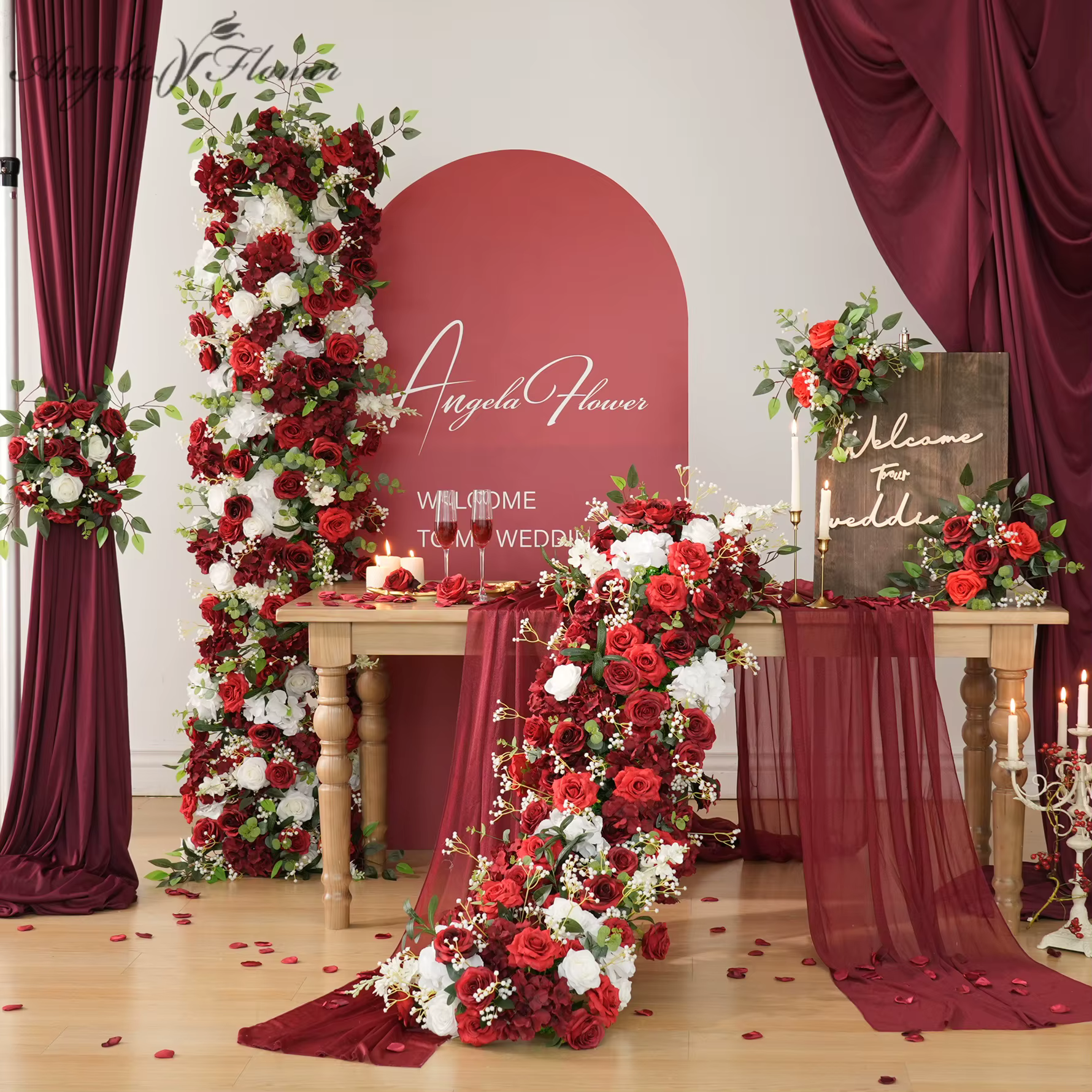 A7673 bordeaux Rose blanc bébé souffle verdure arc de mariage Arrangement Floral chemin de Table rideau décor fleur accessoires de fête