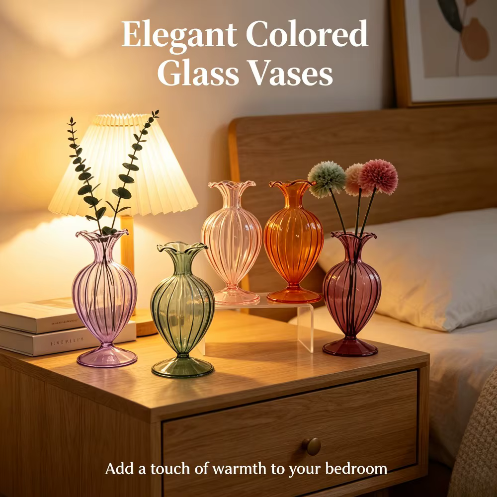 Vase à fleurs en verre coloré côtelé simple