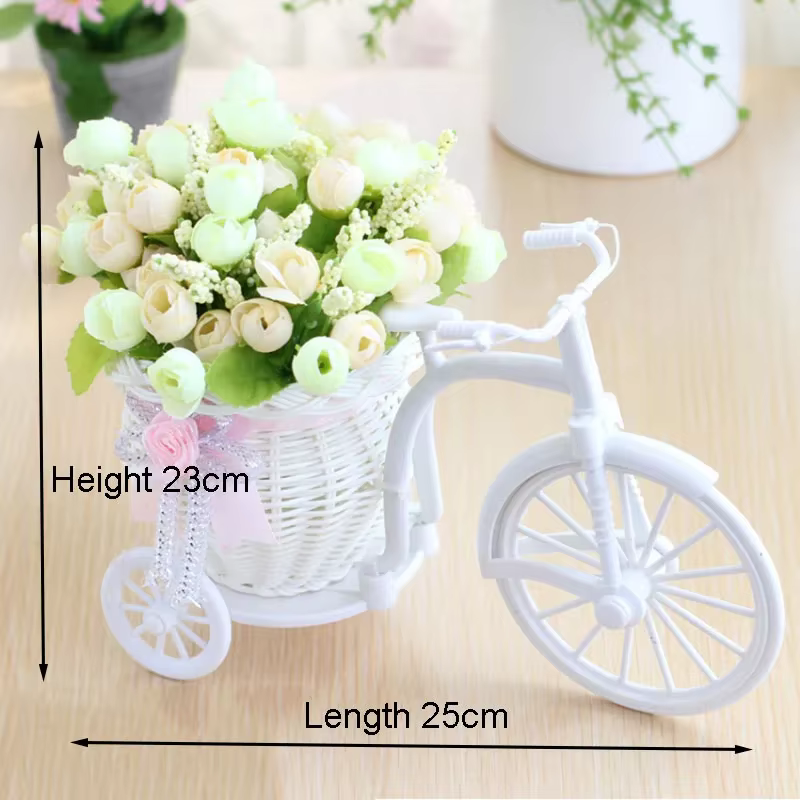 Fleurs artificielles Roses en soie rotin vélo Vase en plastique