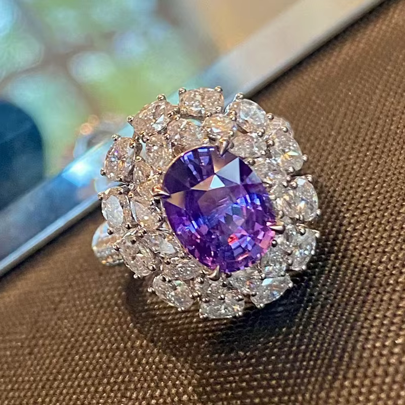 Bagues en diamant et améthyste pour femmes, Design romantique, fleur scintillante, mode florale, violet, bijoux de mariage réglables