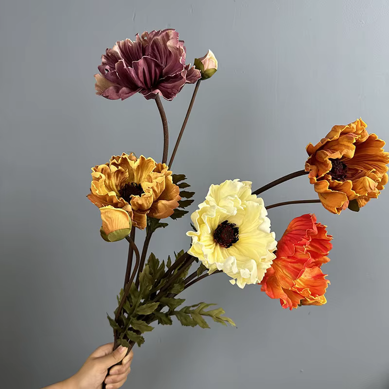 Lot de 5 grandes fleurs artificielles de pavot en PU pour décoration de jardin et restaurant