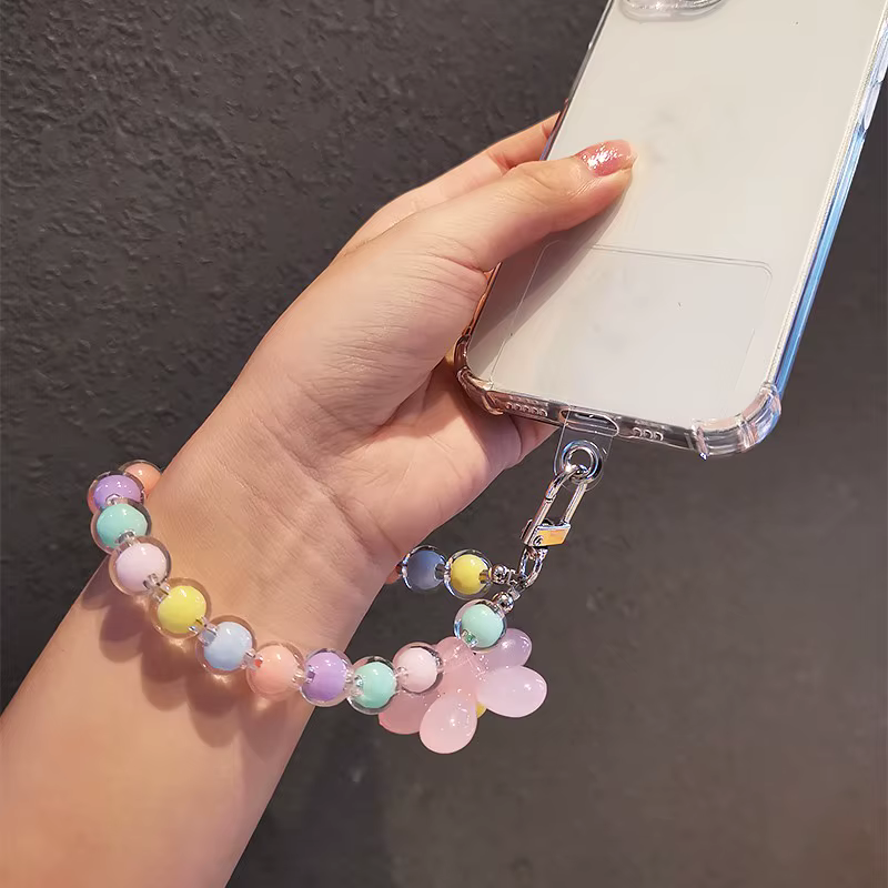 Porte-clés à fleurs colorées, chaîne perlée, accessoires pour téléphone, pendentif Anti-perte, lanière à main, pendentif de poignet