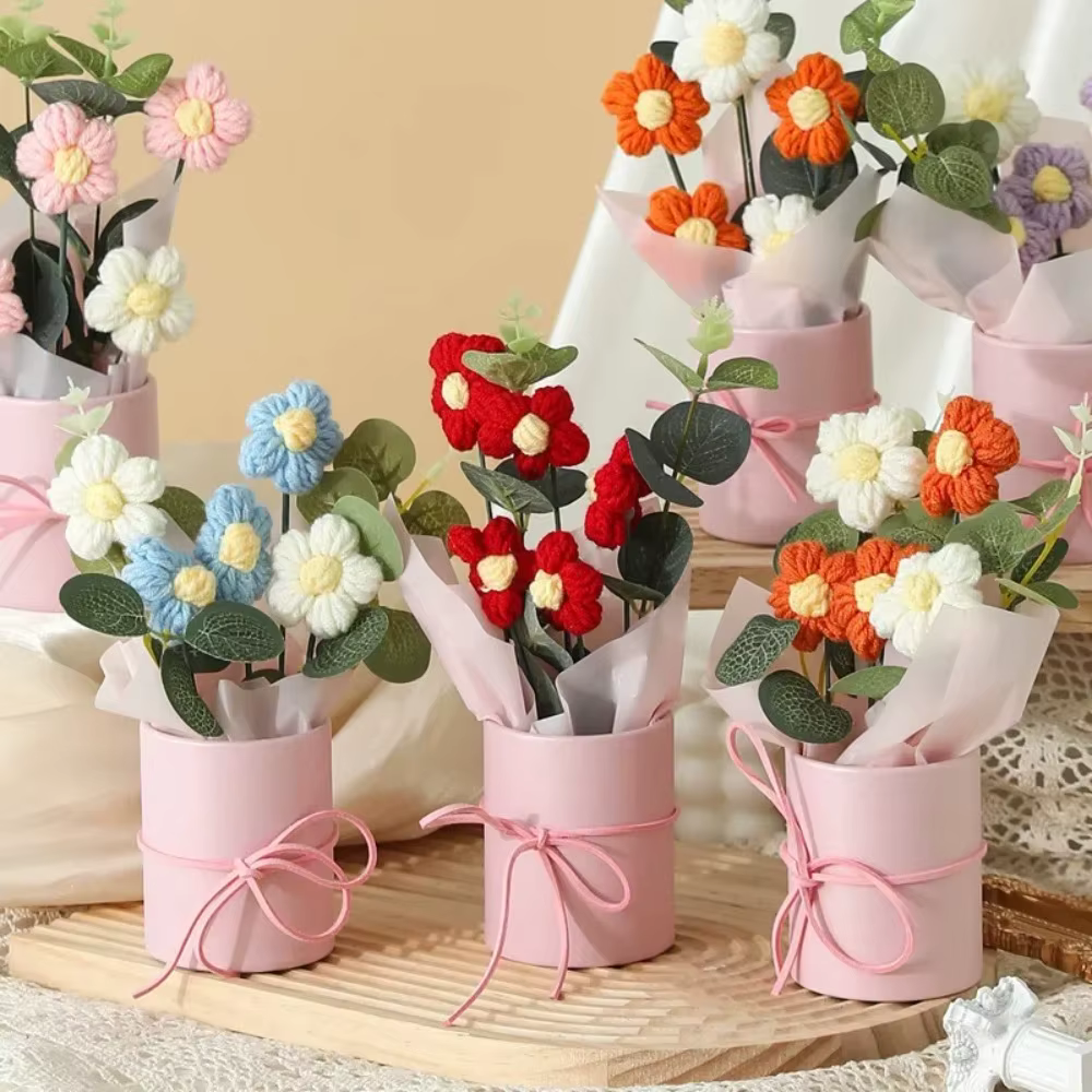 Fleurs au Crochet tricotées faites à la main avec seau