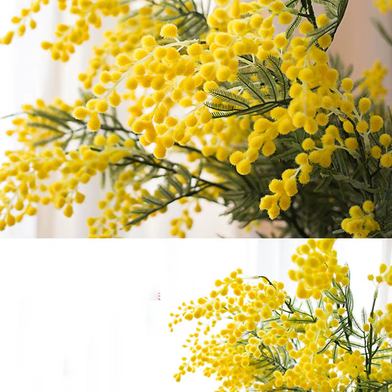 86cm 3 fourchettes Acacia artificielle jaune Mimosa peluche Pudica Spray cerise fausse fleur de soie décor de fête de mariage plante de haricot rouge
