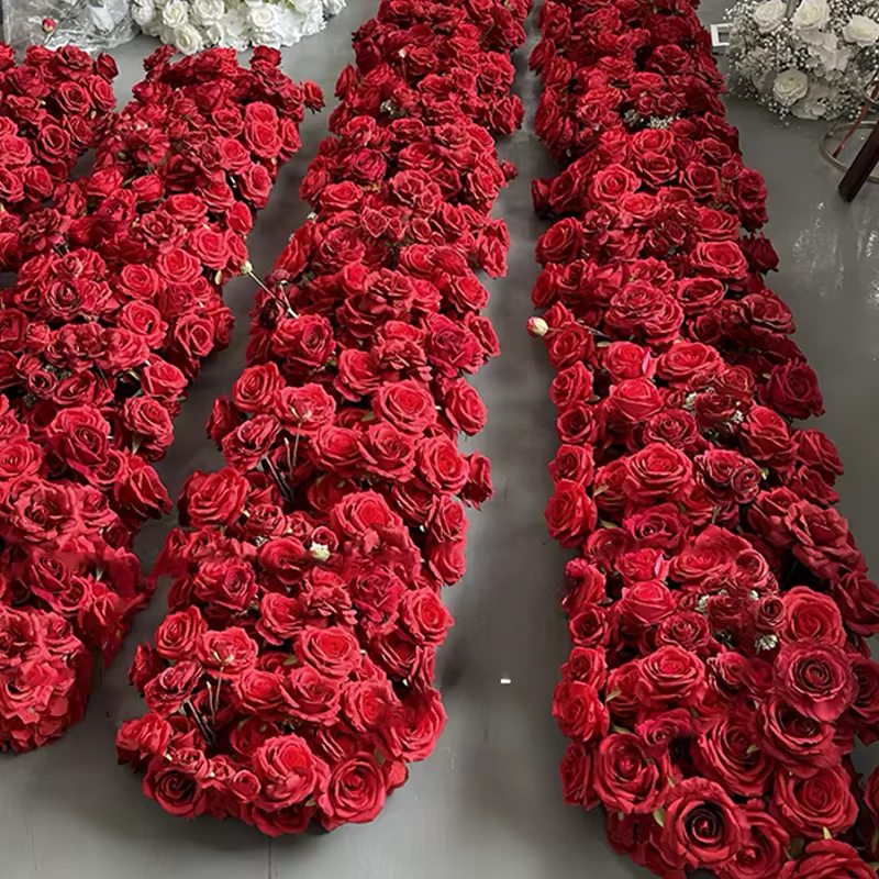 2m rose rouge plantes vertes artificielles fleur rangée coureur mariage toile de fond centre