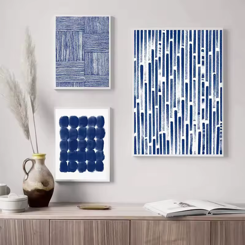 Affiche de fleur à points de ligne bleue aquarelle minimaliste