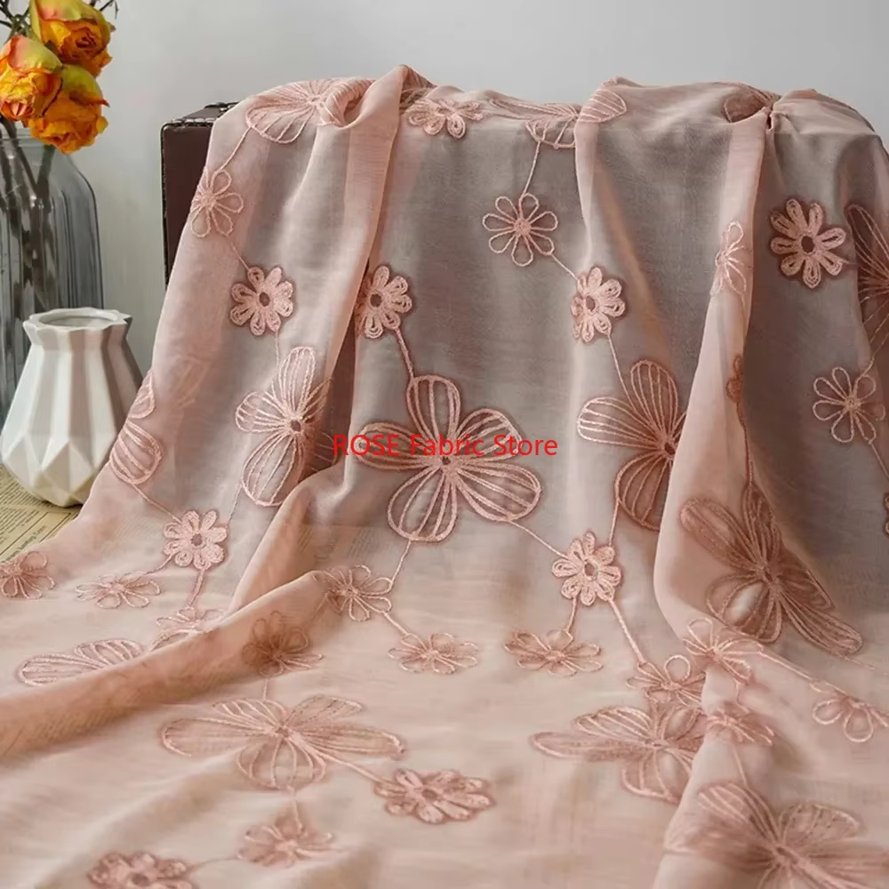 Tissu en mousseline de soie vert Beige brodé de fleurs, tulle Floral pour robe de mariée, robe de soirée, robe d'été, chemises, Design de costumes