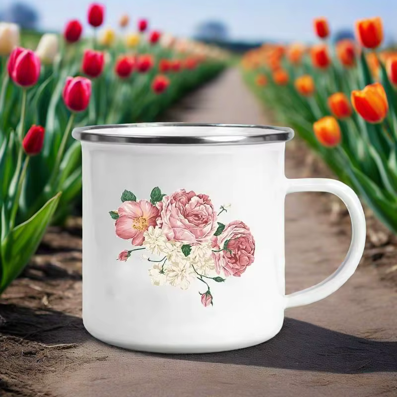 Tasses en émail rétro imprimées de fleurs, tasses à café créatives, boissons de pique-nique en plein air d'été, jus de lait, tasses de Camping, poignée, verres cadeaux