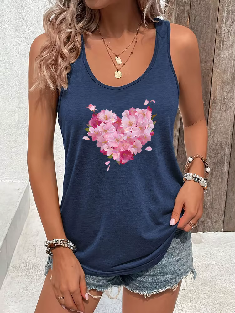 Haut court à fleurs pour femmes, graphique de coeur, rose carillon, cœurs floraux, cadeau d'amoureux, débardeurs à dos nageur, été
