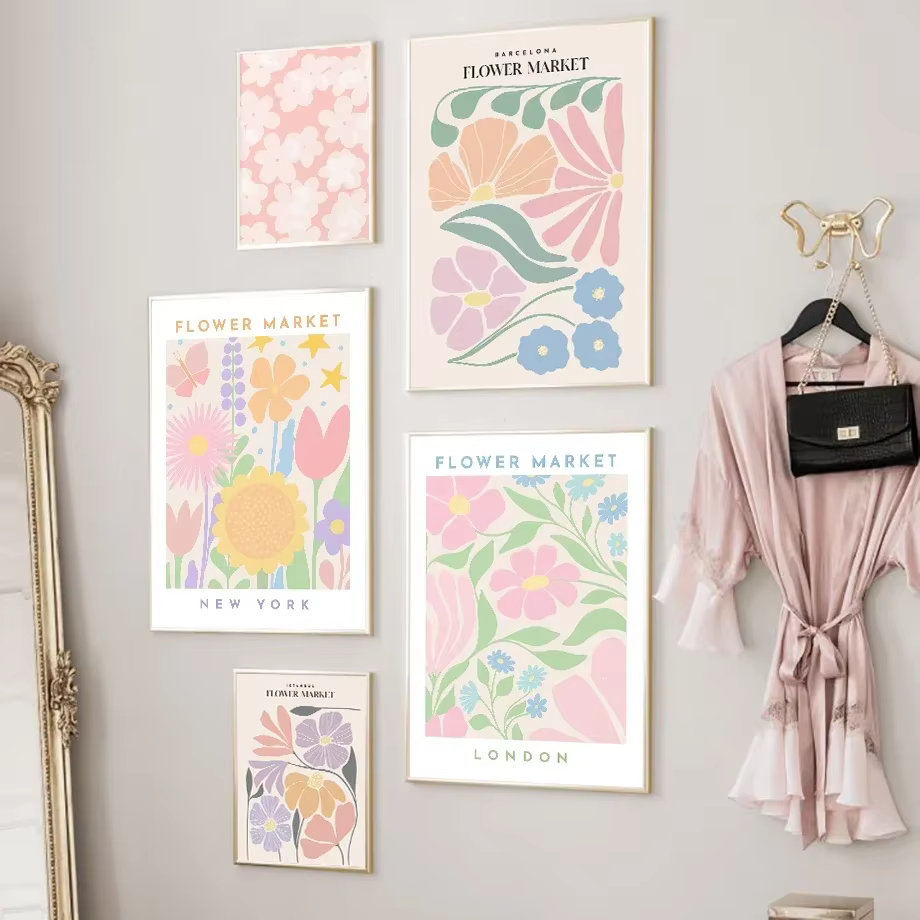 Art mural sur toile de marché aux fleurs colorées et fraîches - Forme de fleur