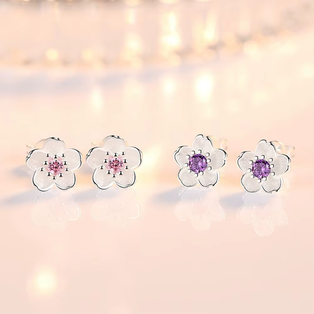 Boucles d'oreilles clous exquises et romantiques en zircon rose et violet, motif fleur à cinq pétales, pour femme, accessoire de mode mignon pour le quotidien