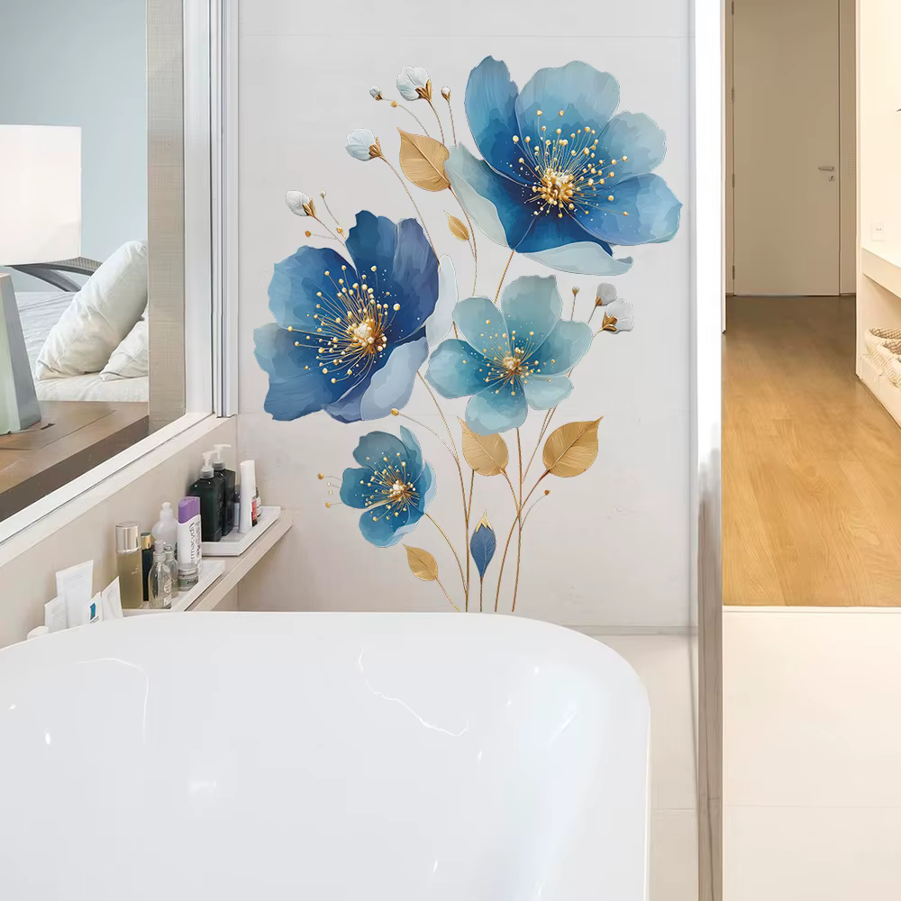 Autocollant mural floral bleu doré.