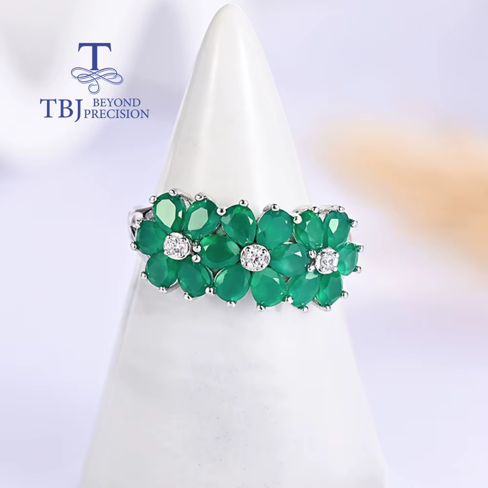 Bague en argent sterling S925 pour femme avec motif floral en agate verte naturelle, bijou délicat et luxueux pour offrir en cadeau ou pour les rendez-vous galants
