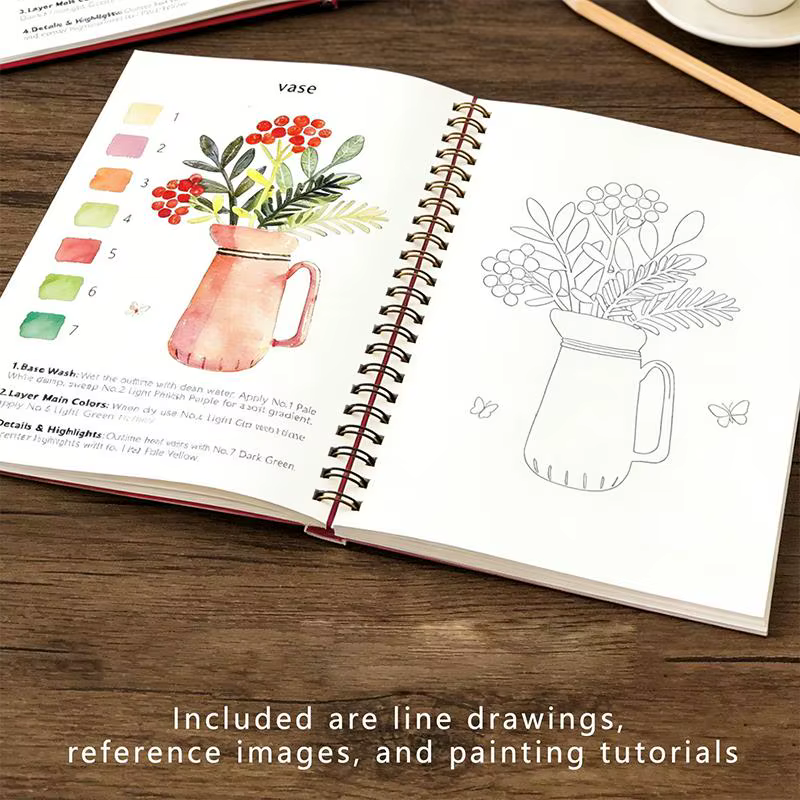 Cahier d'exercices de fleurs en aquarelle à spirale, guides en papier épais pour les artistes débutants, fournitures pour la pratique quotidienne du dessin