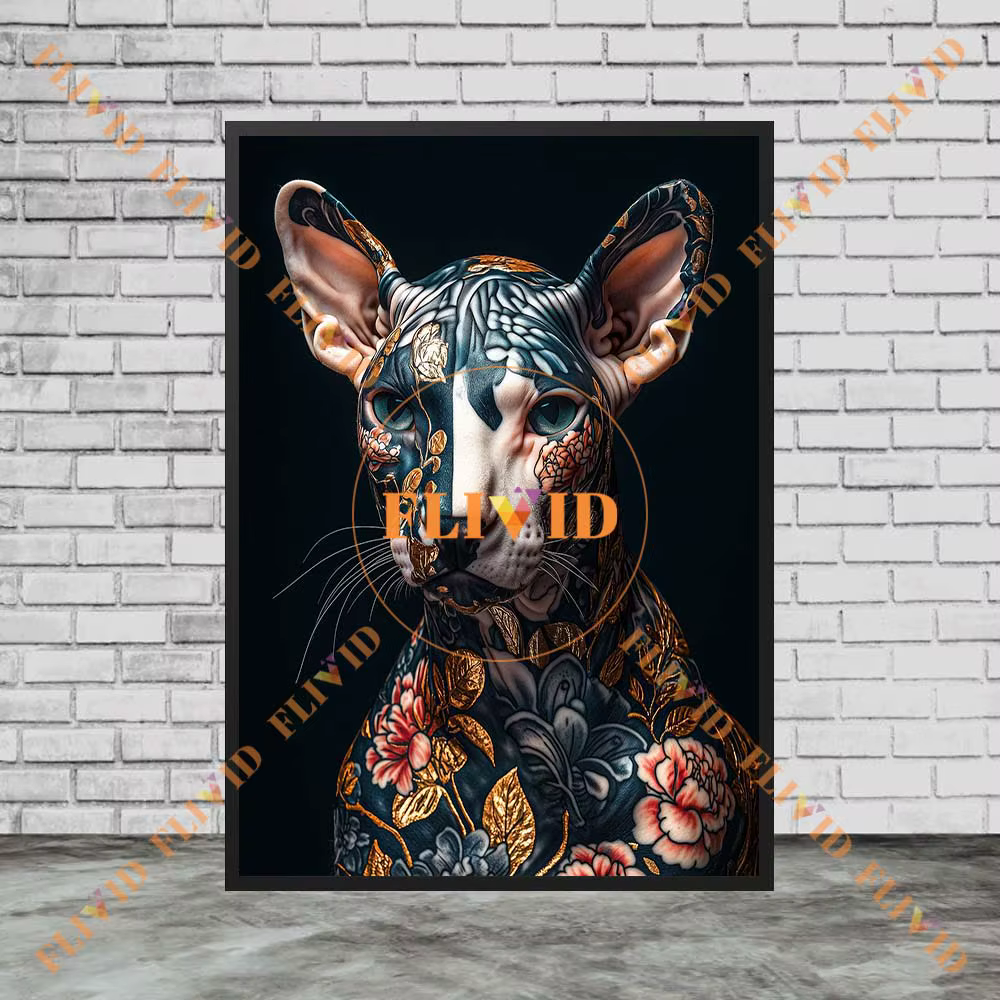 Affiche Murale Abstraite avec Tatouage de Chien et Chat, Peinture sur Toile Sans Cadre, Imprimés d'Animaux, Décor de Salon