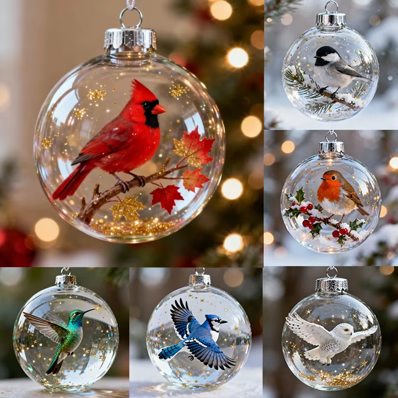 Ornement de noël transparent aux oiseaux de la nature