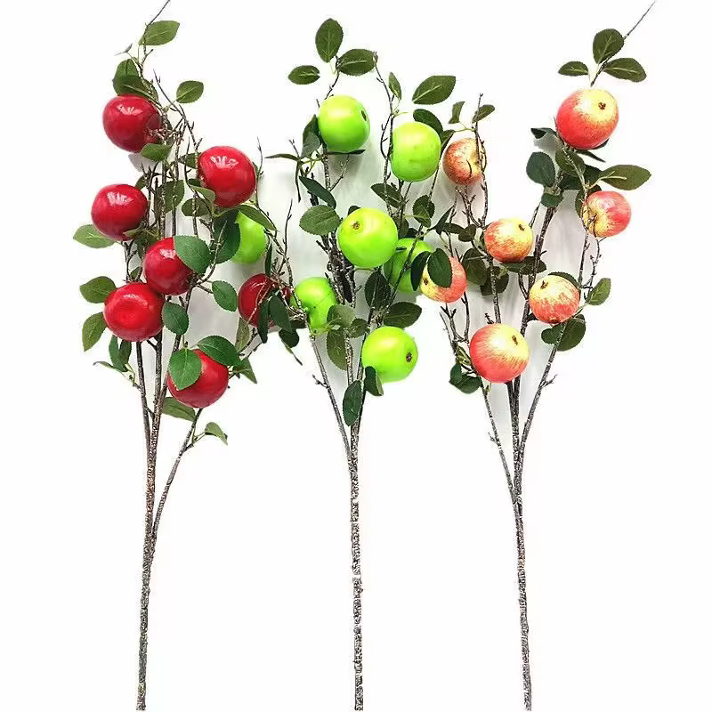 Une branche d'arbre à pommes de grenade artificielle 7 plante verte de fruits de pomme pour la décoration florale murale de fête de mariage