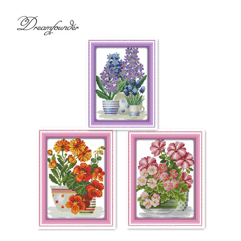 Kit de point de croix série fleurs en pot
