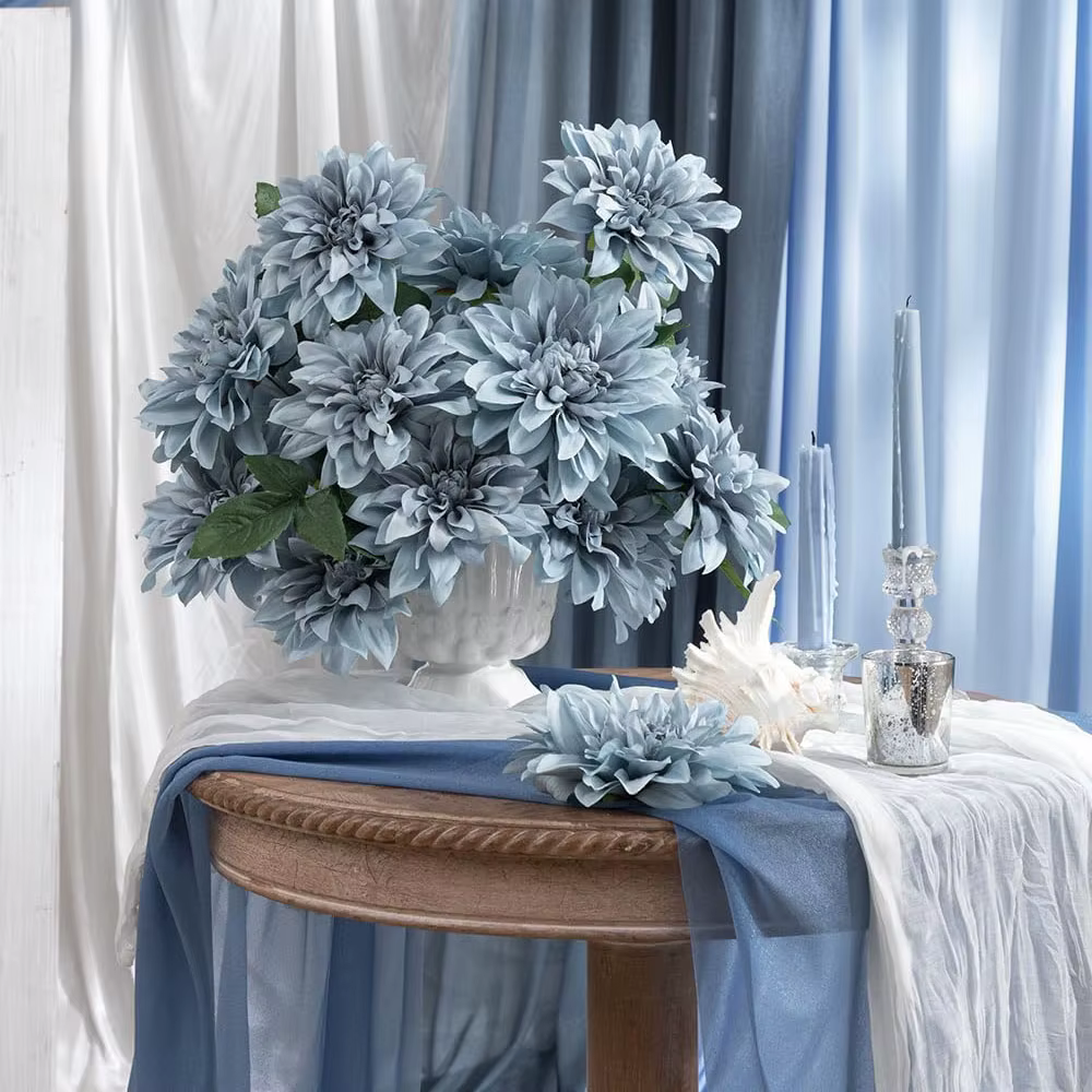 Yannew 20 pièces fleurs de Dahlia artificielles bleu poussiéreux avec tige boîte combinée pour bricolage fête de mariage Arrangement Floral pièce maîtresse décor