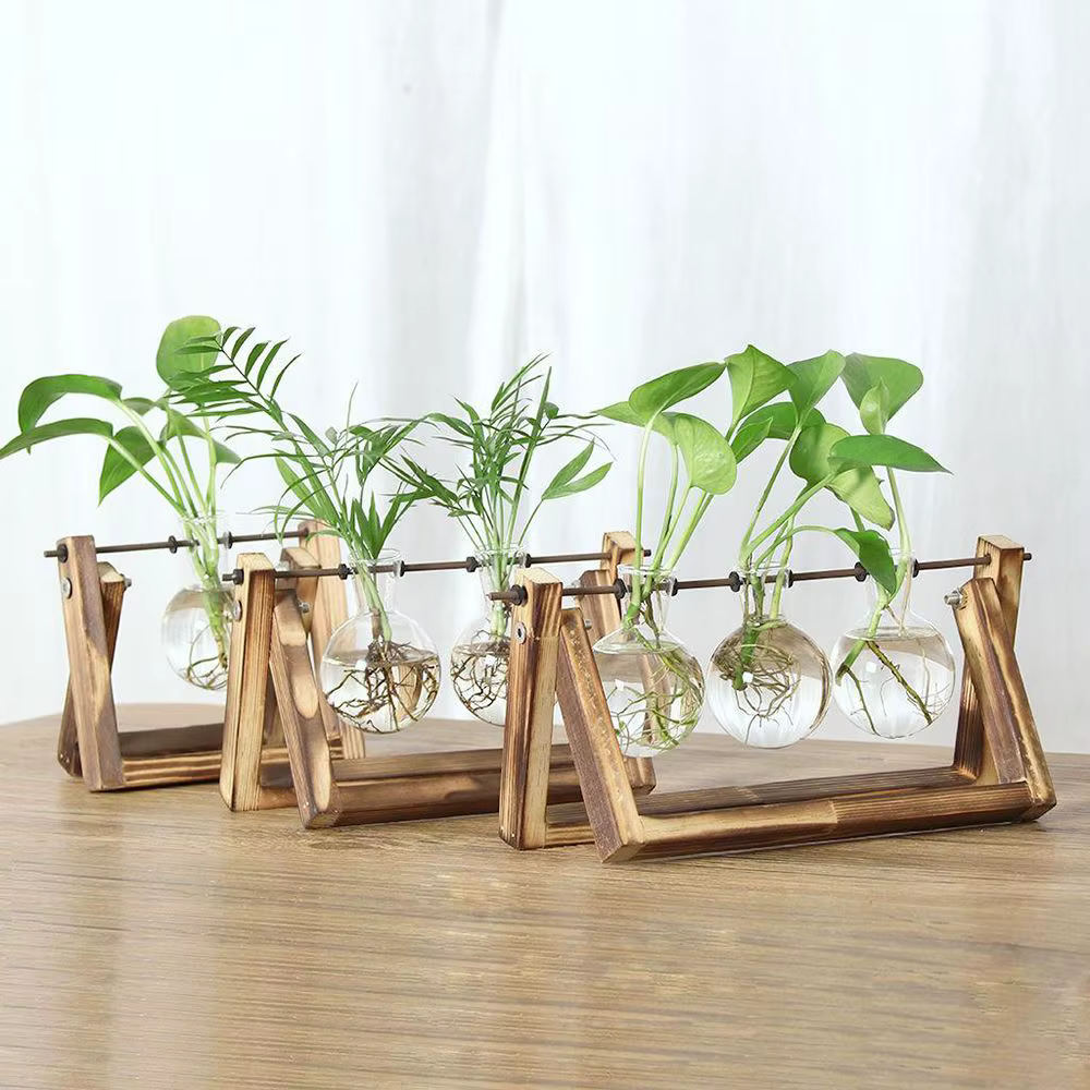 Pot de fleurs en verre avec cadre en bois