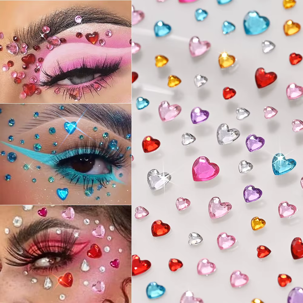 3D coloré amour-coeur visage gemme tatouages autocollants Bling auto-adhésif coeur gemmes tatouage pour Festival fête yeux corps maquillage décor