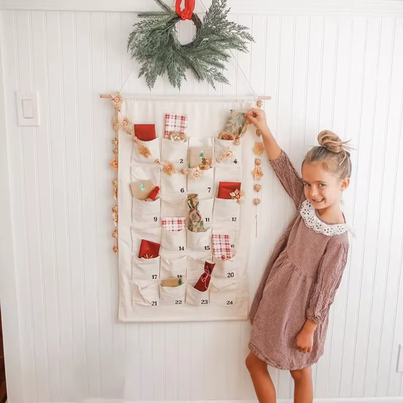 Calendrier de l'avent en toile de 24 jours, accessoires de vacances, manteau de cheminée pour la maison, décoration suspendue, poches de compte à rebours de noël