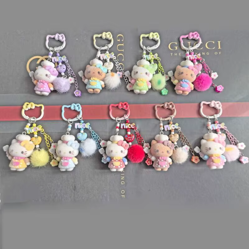 Porte-clés Hello Kitty floqué, breloque de sac, pendentif pompon floral pour accessoire quotidien et décoration assortie
