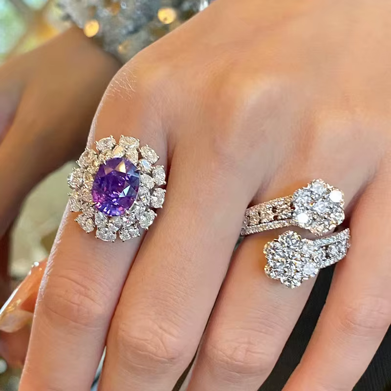 Bagues en diamant et améthyste pour femmes, Design romantique, fleur scintillante, mode florale, violet, bijoux de mariage réglables