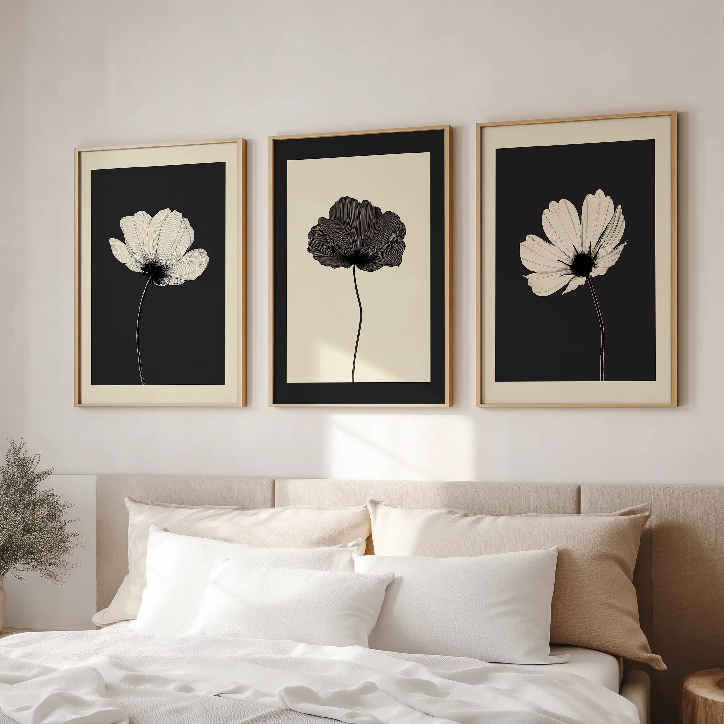 Lot de 3 tableaux muraux floraux noirs et beiges