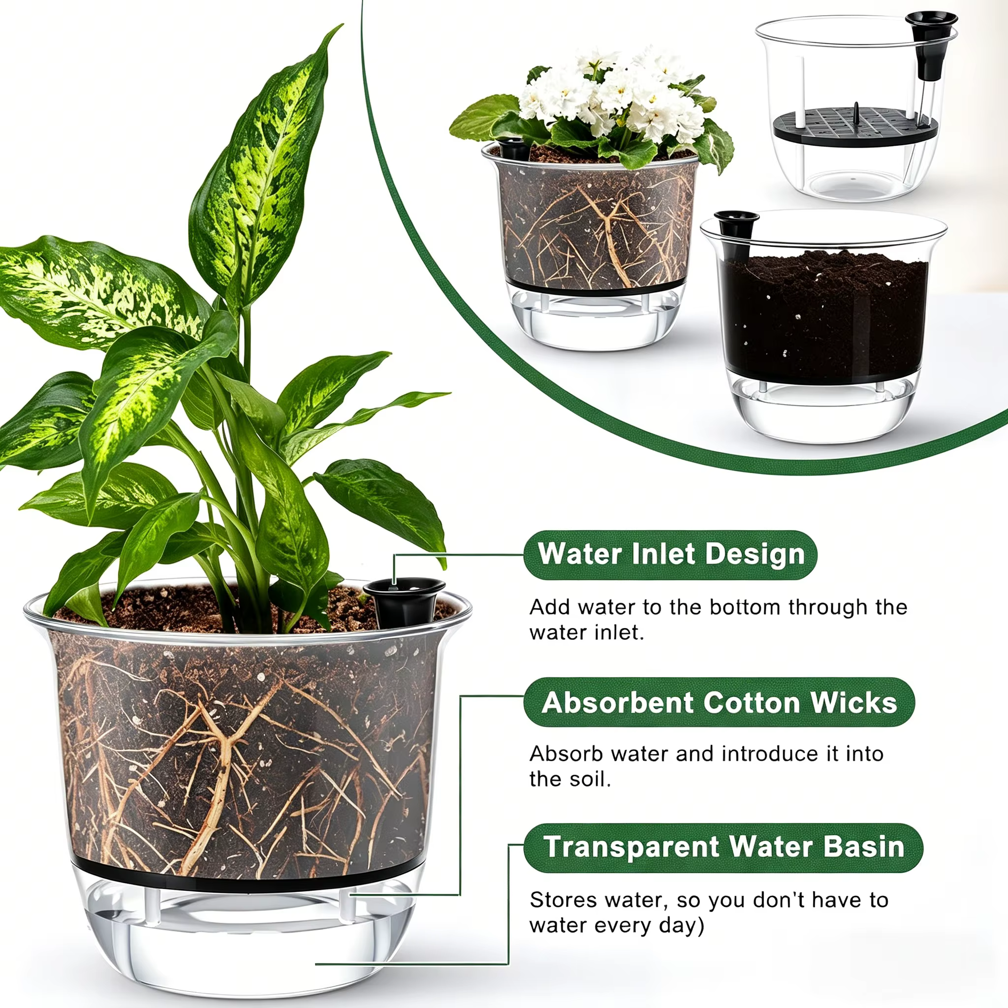 Lot de 2 pots auto-arrosants