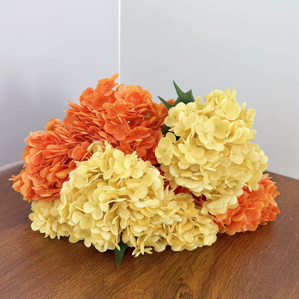 Nouvelle grande fleur artificielle d'hortensia hydratante True Touch Orange jaune faux hortensia décoration de salon scène de mariage