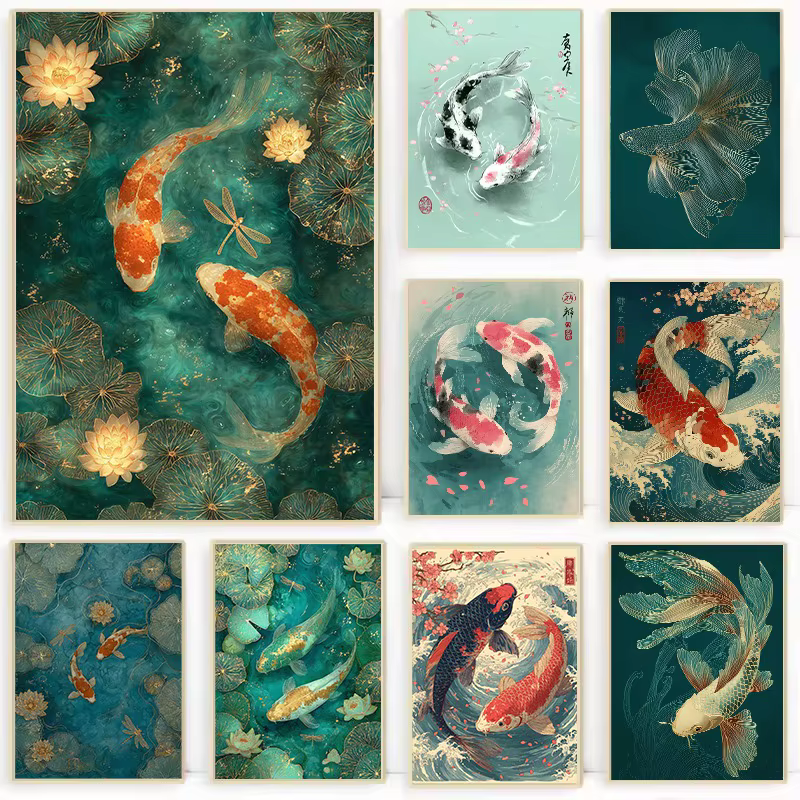 Affiche de poisson Koi émeraude d'étang japonais