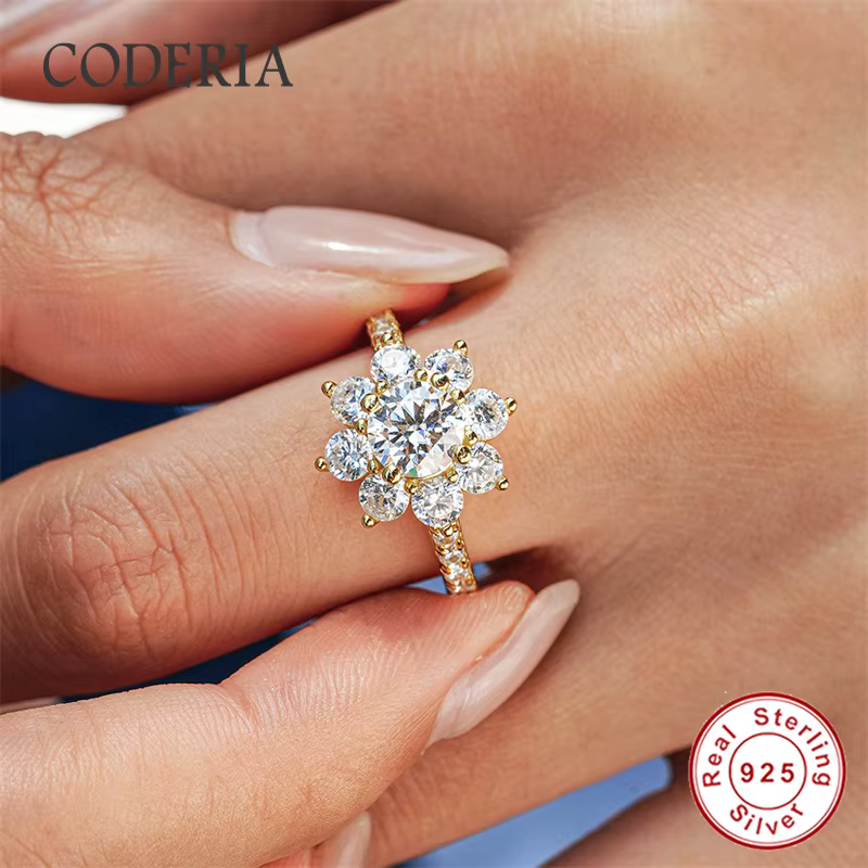 Bagues rondes en argent S925 tournesol, couleur D 1CT VVS1 3EX, bague Moissanite plaquée avec bande de doigt en or 14K, bijoux de mariage