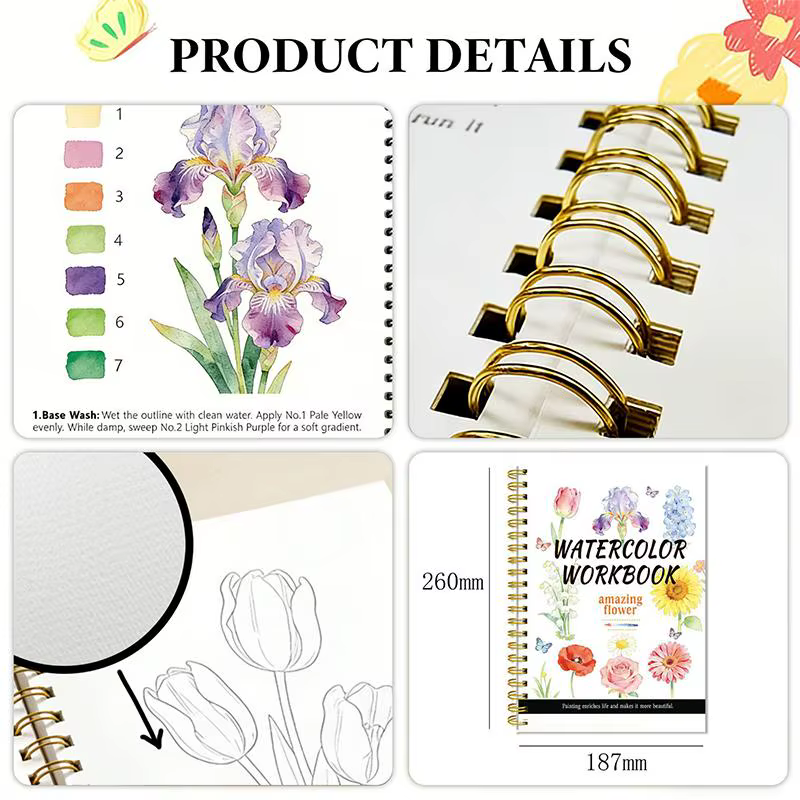 Cahier d'exercices de fleurs en aquarelle à spirale, guides en papier épais pour les artistes débutants, fournitures pour la pratique quotidienne du dessin