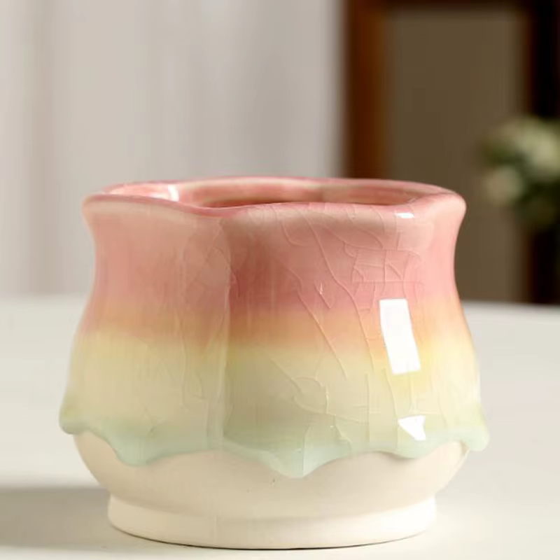 Pot à succulentes en céramique émaillée effet dégradé craquelé