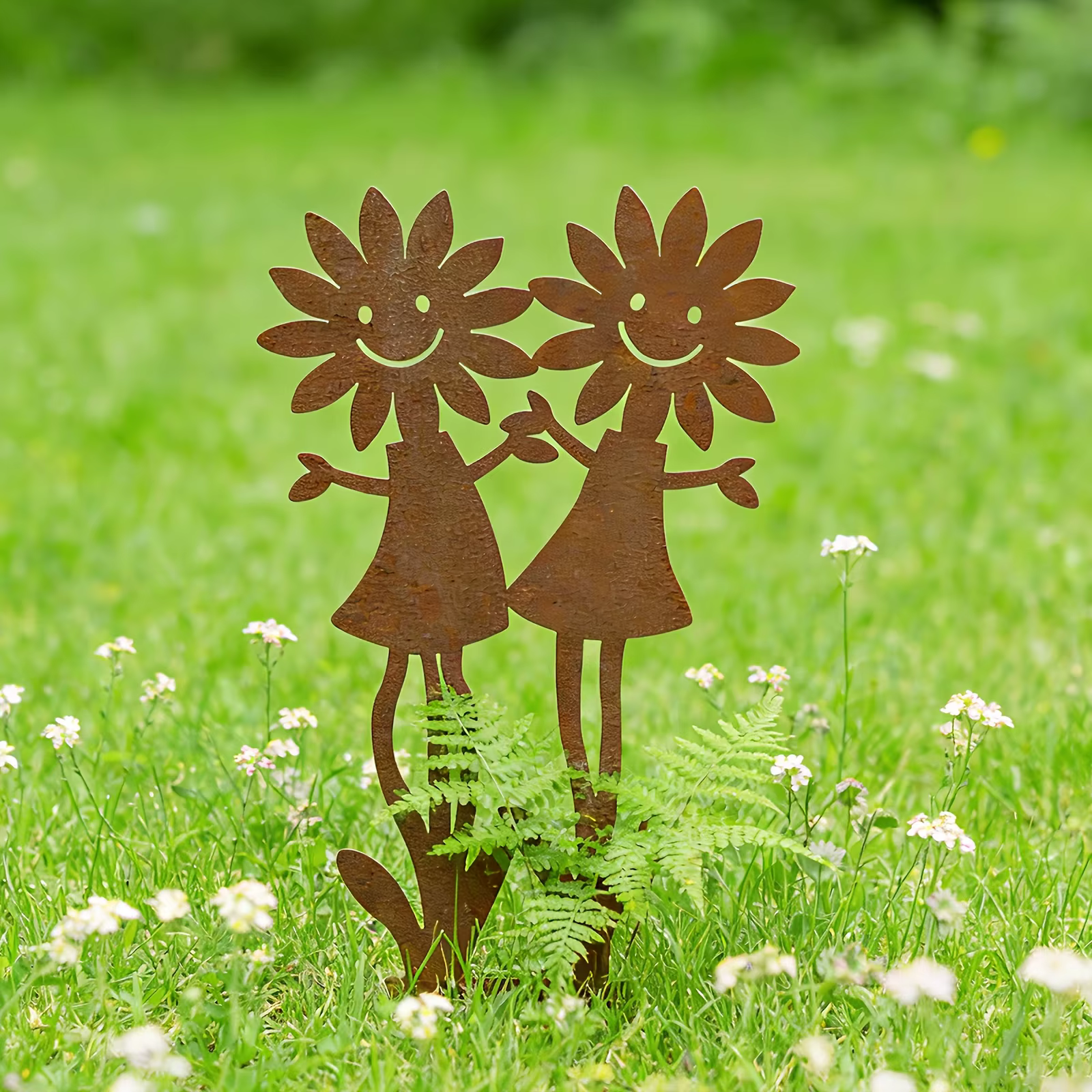 Support double pour fleurs en forme de tournesol vintage rouillé avec visage souriant - Statue décorative amusante pour
