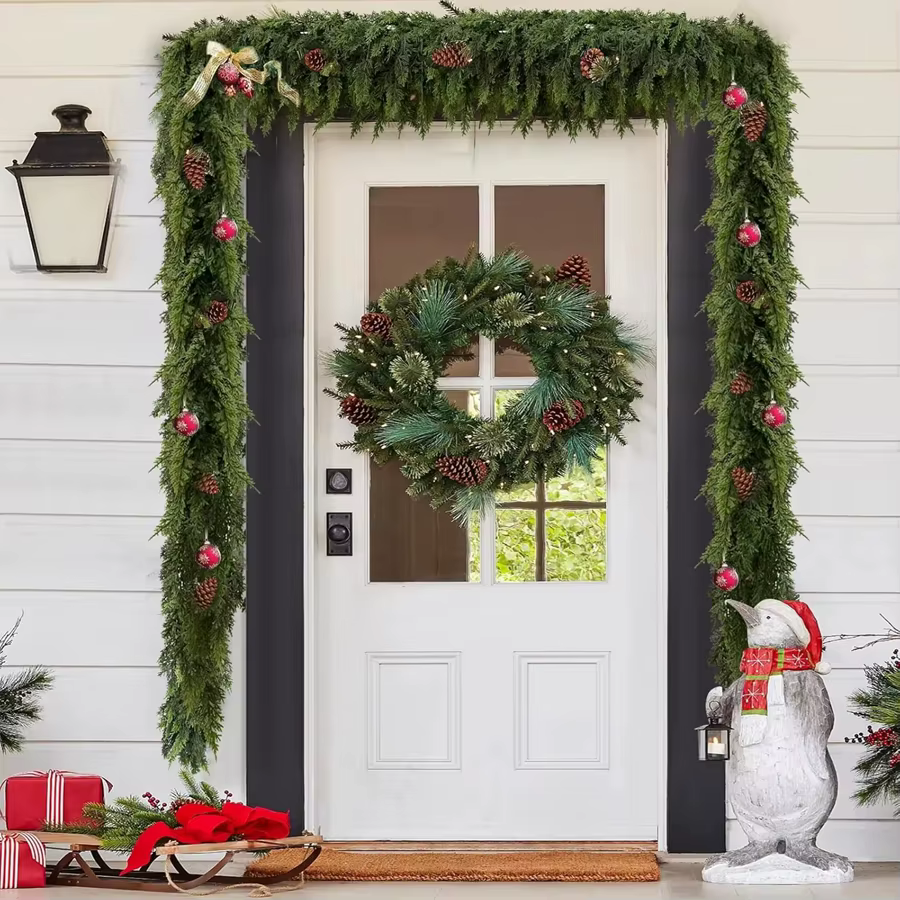 275Cm Plantes Artificielles Arbre De Noël Cyprès Feuille Guirlande Maison Décor De Fête En Plein Air Cour Pin Rotin Suspendus Orner Couronnes