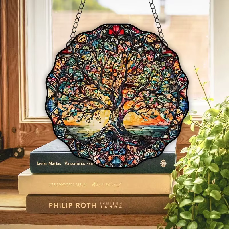 Ornement Arbre de Vie Rond en Acrylique Décoration Murale Universelle Intérieur et Extérieur Plaque Suspendue Lumière