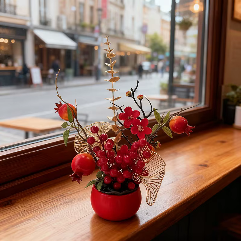 Nouvelle grande plante artificielle en pot de kaki rouge