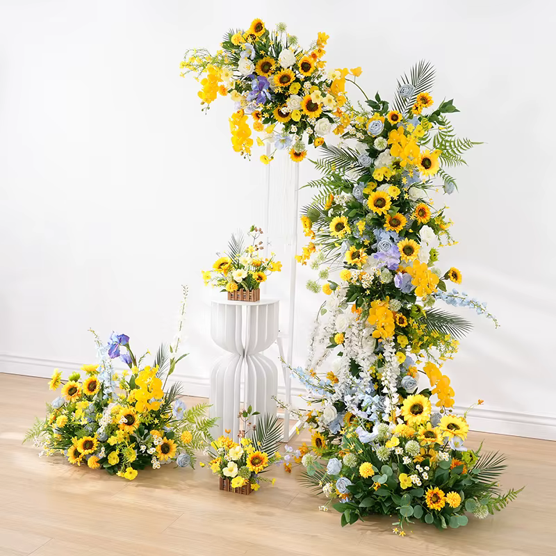 Arrangement de fleurs suspendues orchidées tournesol jaune