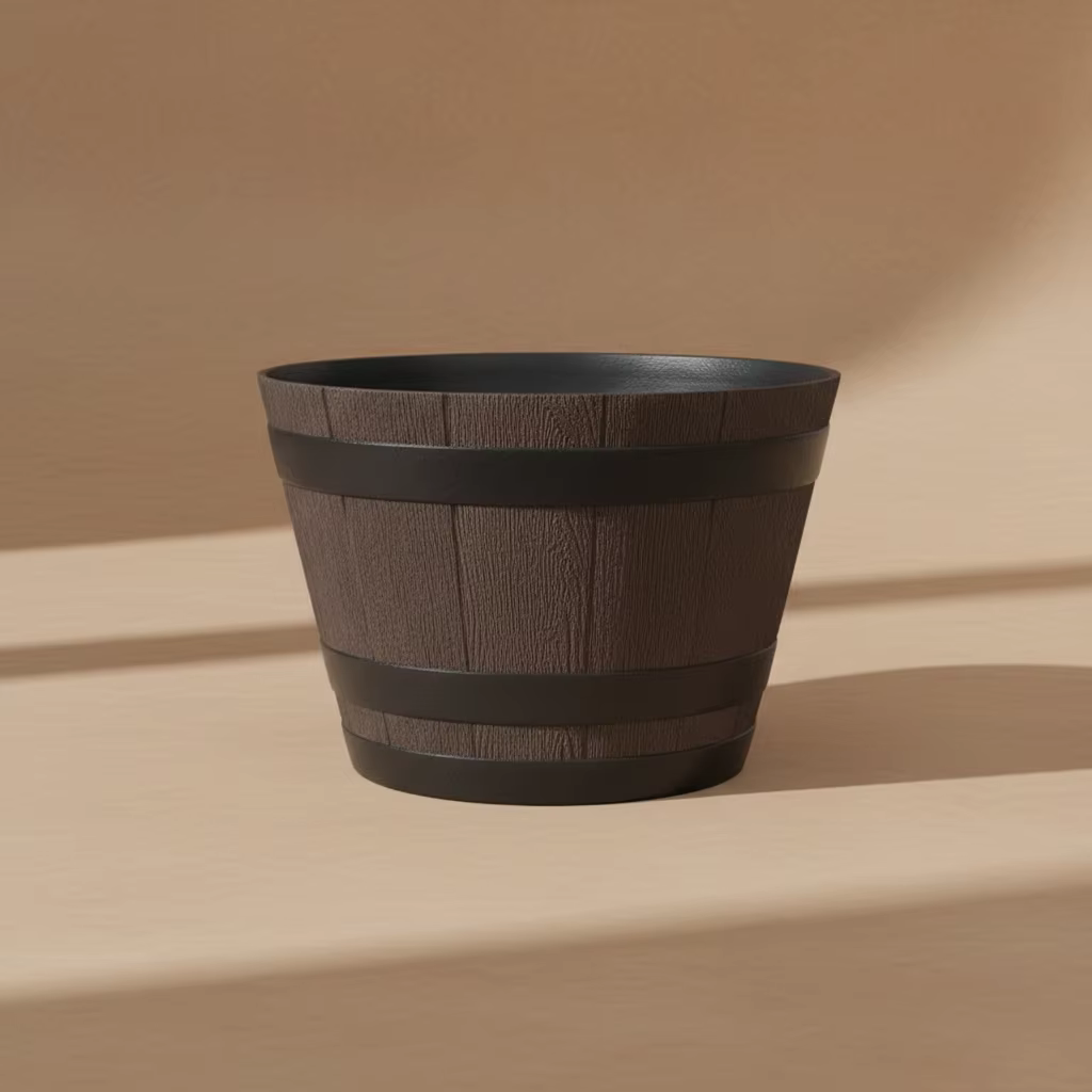 Grand pot de fleurs décoratif en résine en forme de baril en bois pour intérieur