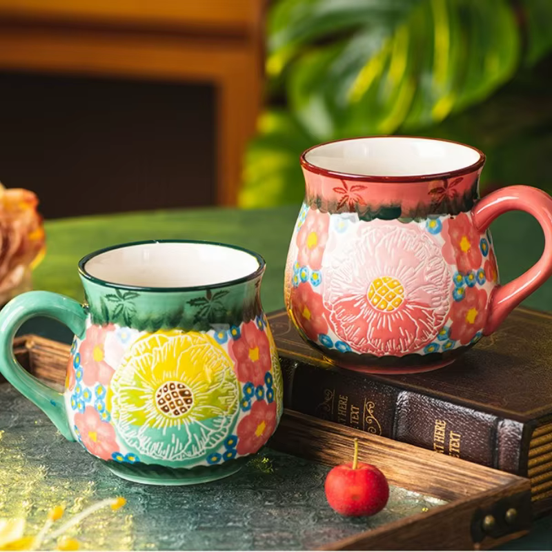 Tasse en céramique à fleurs Vintage faite à la main, Design créatif café lait petit déjeuner tasse pour bureau maison rétro thé tasse d'eau 2025 nouveau