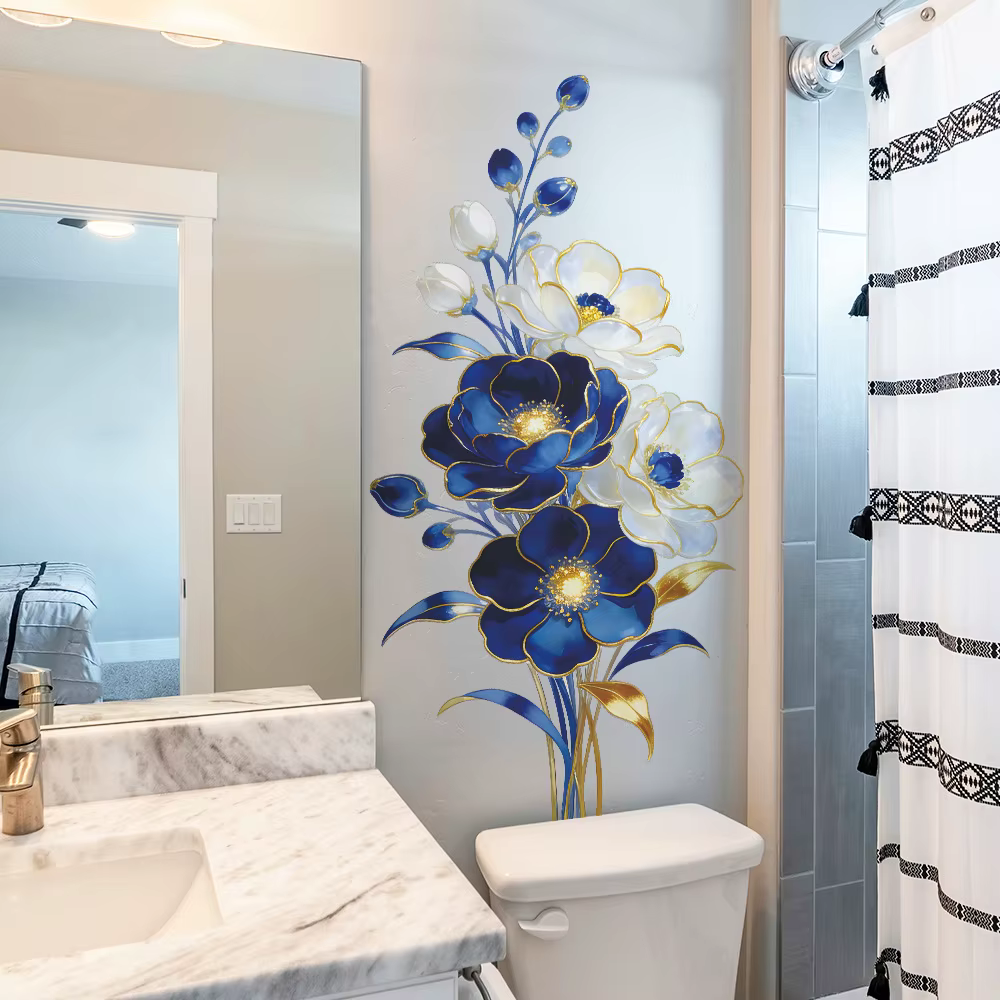 Autocollants muraux décoratifs floraux bleus en relief de style français pour la décoration de la maison