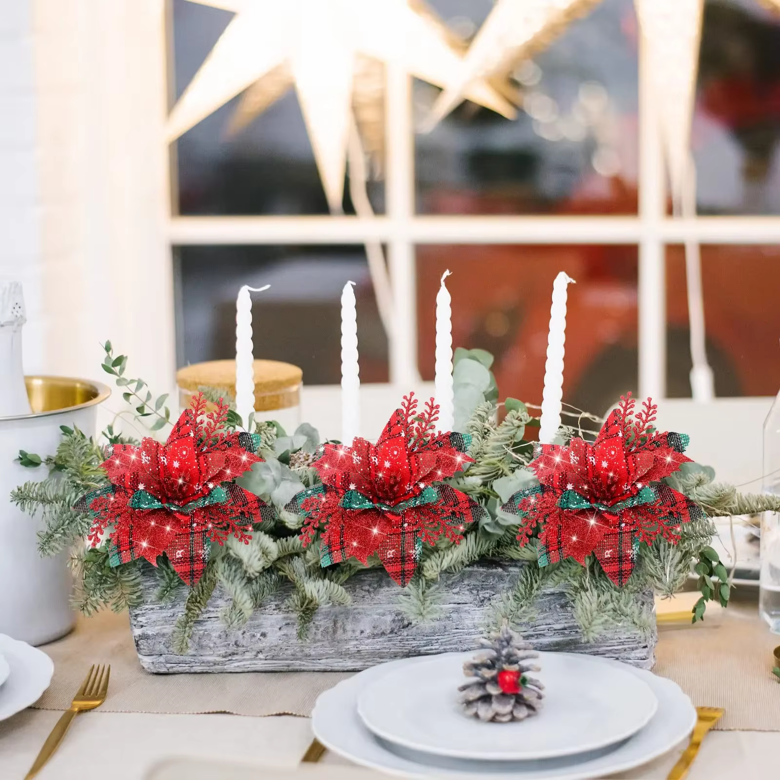 Poinsettias artificielles à paillettes de noël