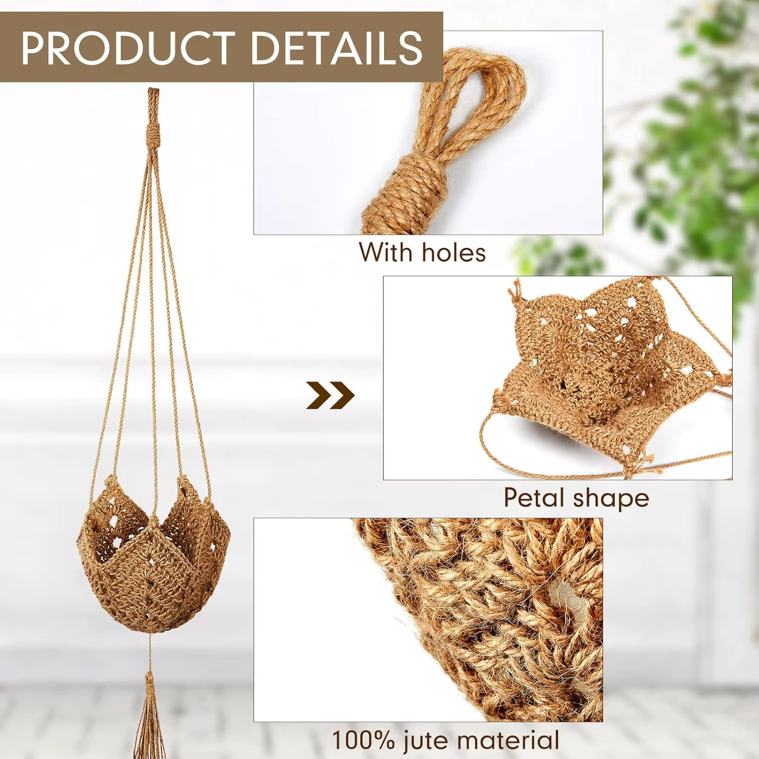 Support de plante en macramé long en jute pour pots de 3 à 12 pouces avec crochets en forme de S pour la décoration de la maison (marron)